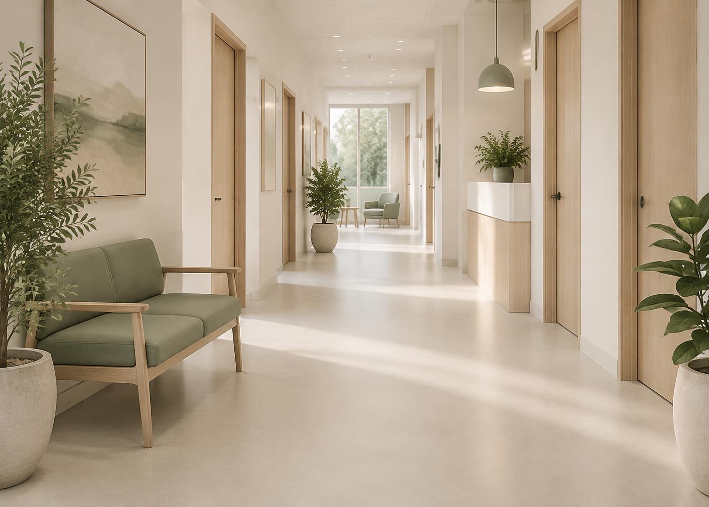 Corridoio dello studio medico Sartemed con luce naturale e piante