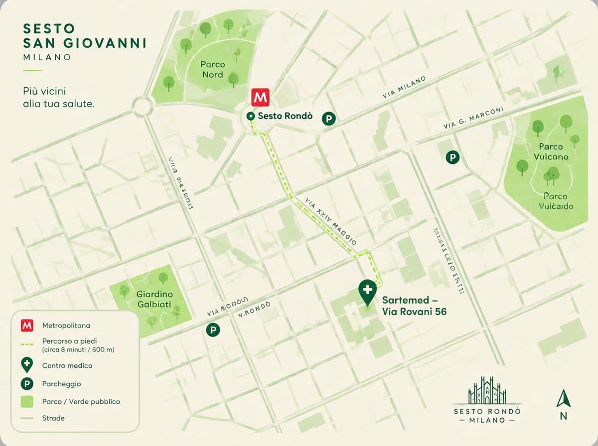 Mappa del percorso a piedi dalla metropolitana M1 Sesto Rondò a Sartemed in Via Rovani 56, con i parcheggi vicini